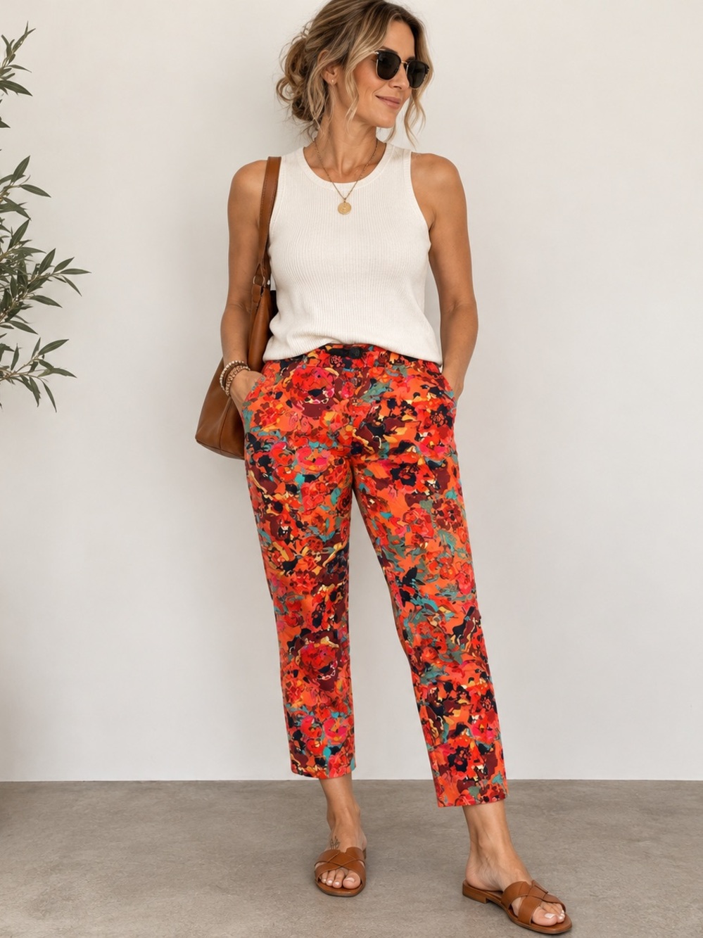 Vibrant Floral Cotton Stretch Ankle Pants